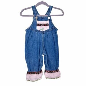 Vintage Allison Rose Denim Overalls Baby 18M Blue Pink Floral Embroidered Trim